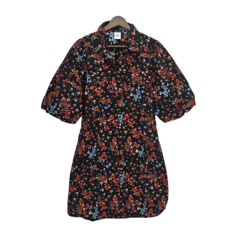 Ichi Womens Kalo Shirt Dress Pearl Snap Buttons Floral Print Puff Sleeves Medium